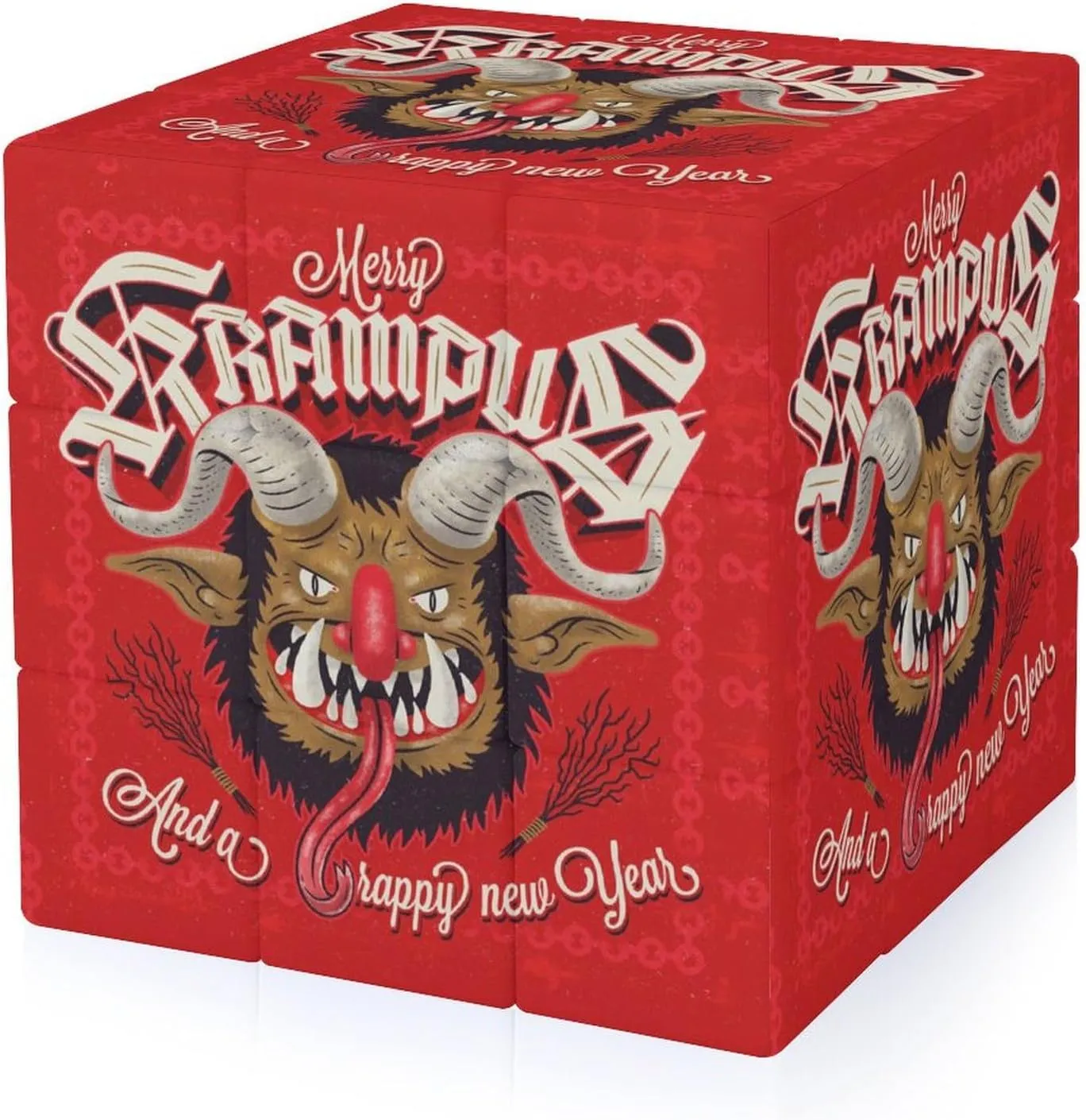 Merry Krampus Adults 3x3x3 Color-Matching Smooth Fully Printed Cube Gift