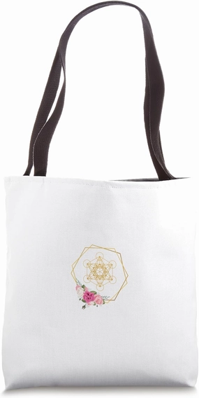 Metatron Cube with Sacred Geometry and Red and Pink Roses Tote Bag