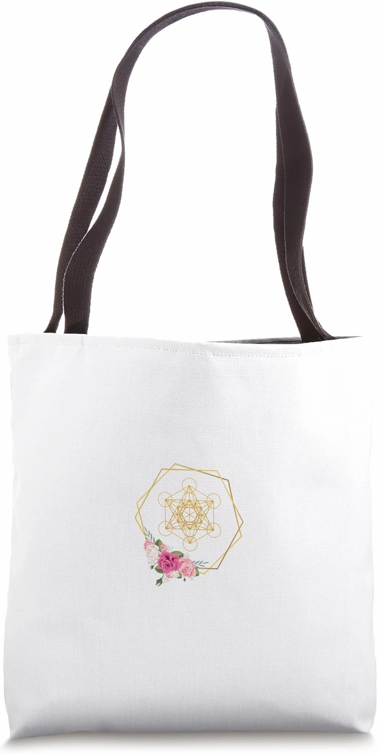 Metatron Cube with Sacred Geometry and Red and Pink Roses Tote Bag