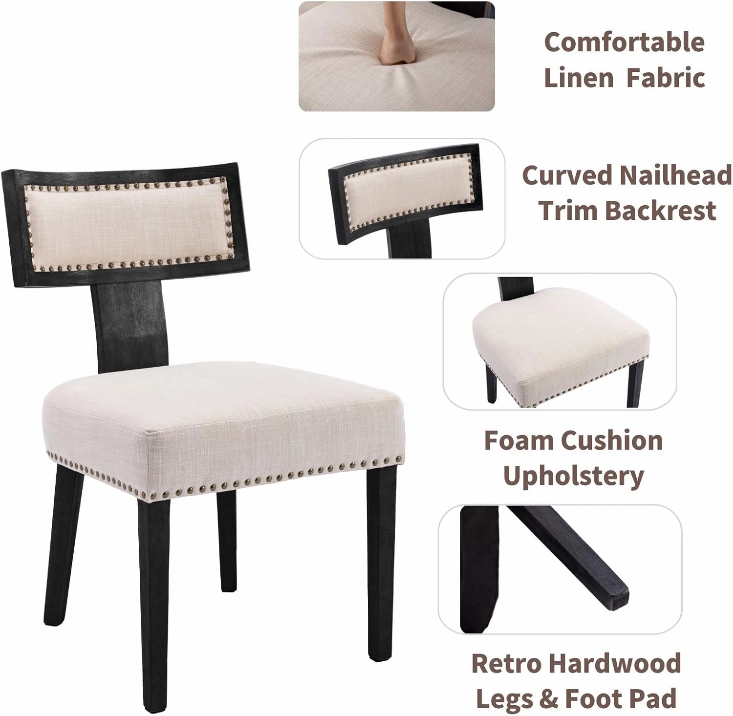 Mid Century Modern Dining Chairs Set of 6, Farmhouse Linen Fabric Upholstered Accent Chairs Curved Nailhead Trim Backrest Kitchen Chairs, with Black Hardwood Frame, Beige