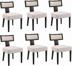 Mid Century Modern Dining Chairs Set of 6, Farmhouse Linen Fabric Upholstered Accent Chairs Curved Nailhead Trim Backrest Kitchen Chairs, with Black Hardwood Frame, Beige