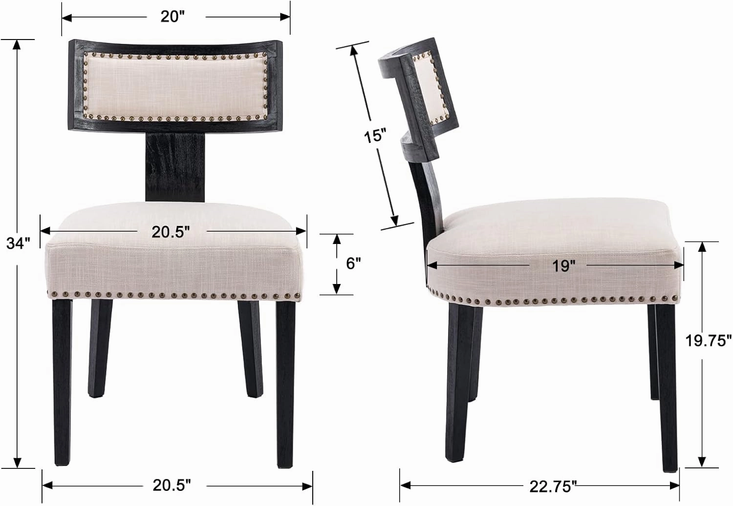 Mid Century Modern Dining Chairs Set of 6, Farmhouse Linen Fabric Upholstered Accent Chairs Curved Nailhead Trim Backrest Kitchen Chairs, with Black Hardwood Frame, Beige