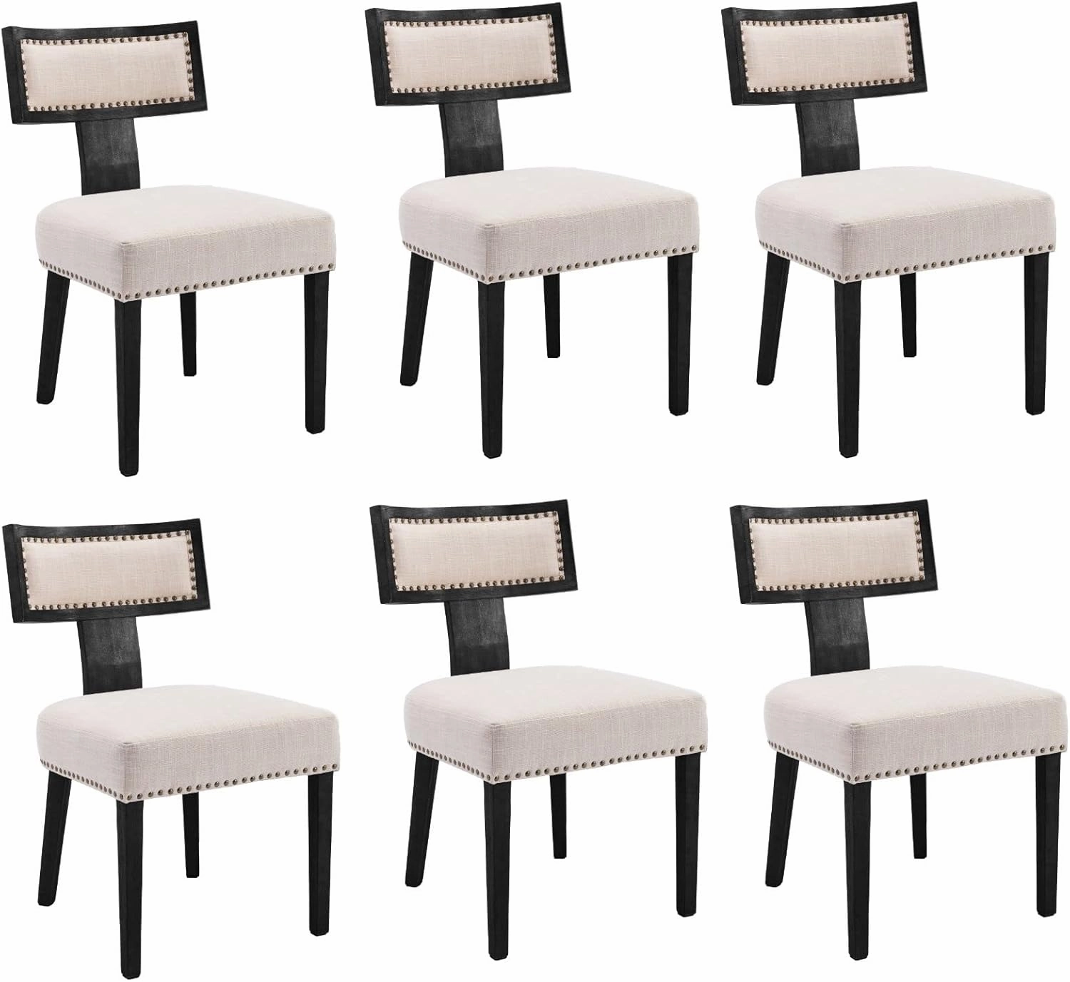 Mid Century Modern Dining Chairs Set of 6, Farmhouse Linen Fabric Upholstered Accent Chairs Curved Nailhead Trim Backrest Kitchen Chairs, with Black Hardwood Frame, Beige