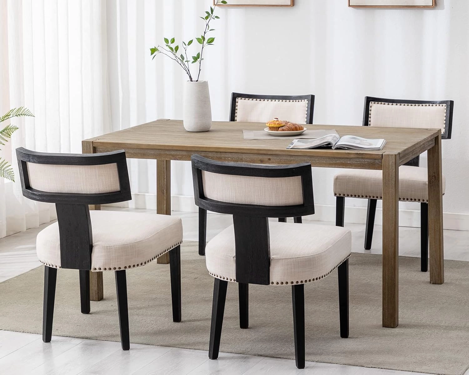 Mid Century Modern Dining Chairs Set of 6, Farmhouse Linen Fabric Upholstered Accent Chairs Curved Nailhead Trim Backrest Kitchen Chairs, with Black Hardwood Frame, Beige