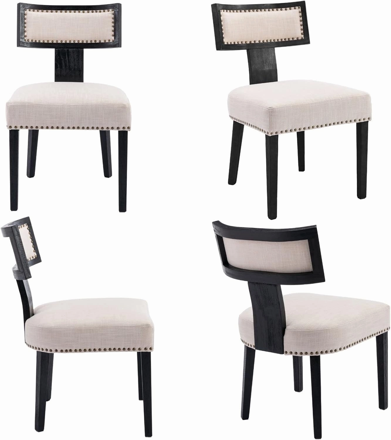 Mid Century Modern Dining Chairs Set of 6, Farmhouse Linen Fabric Upholstered Accent Chairs Curved Nailhead Trim Backrest Kitchen Chairs, with Black Hardwood Frame, Beige