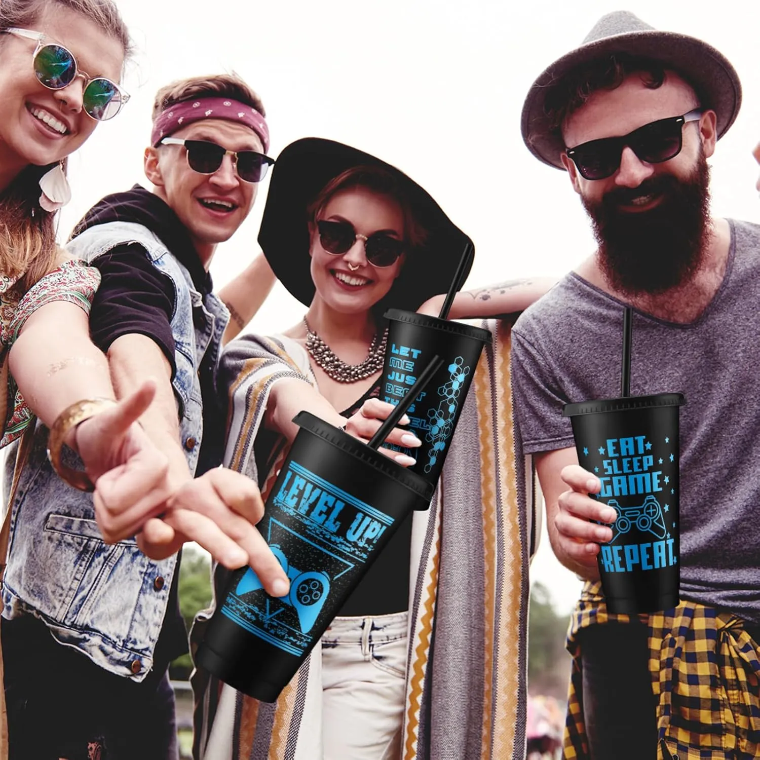 Mifoci 24 Pcs Video Game Plastic Cups with Lids and Straws Reusable Tumbler with Lid and Straw Cute Iced Coffee Travel Cups Mug Water Bottle for Adult Kid Gaming Birthday Party Supplies (Black,Blue)