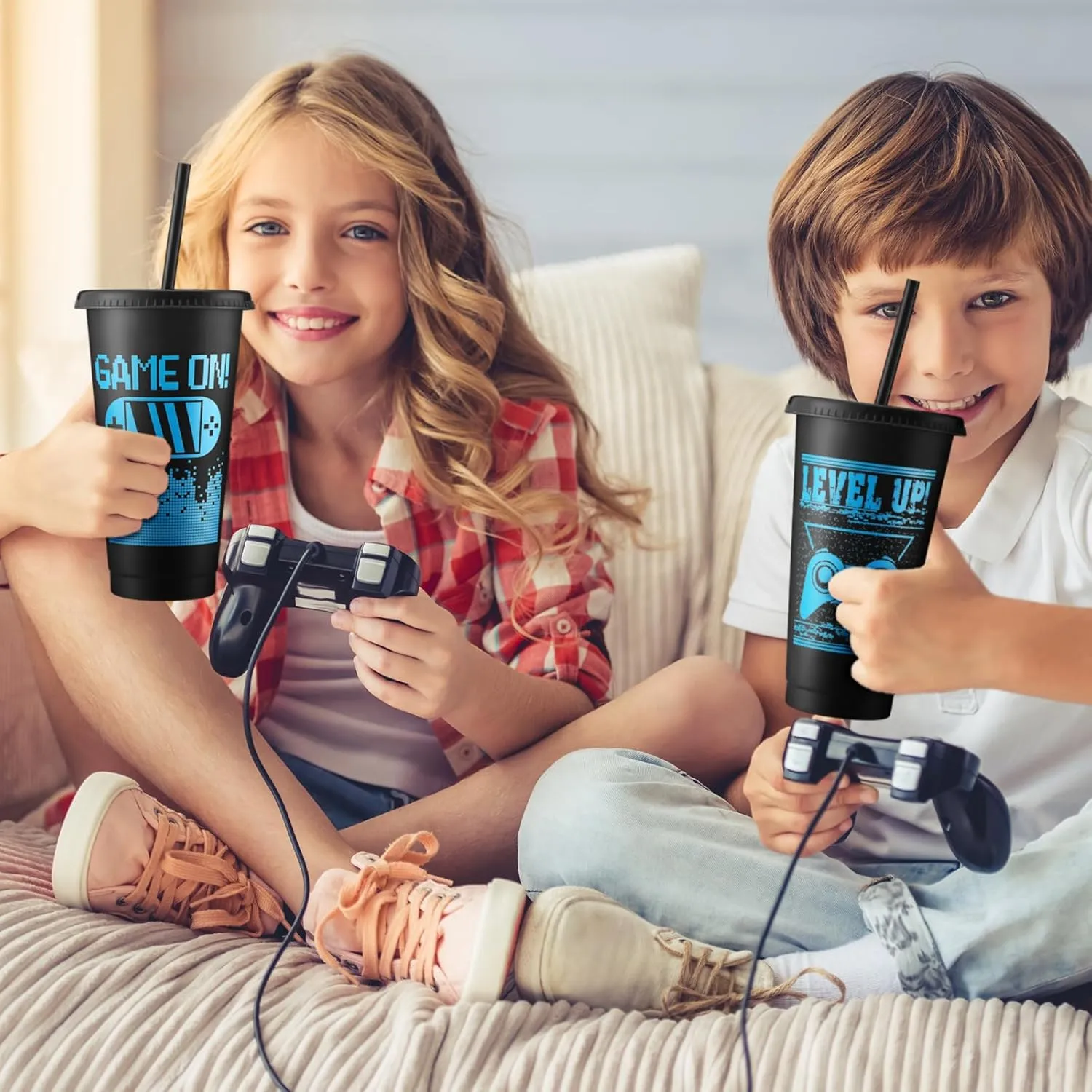Mifoci 24 Pcs Video Game Plastic Cups with Lids and Straws Reusable Tumbler with Lid and Straw Cute Iced Coffee Travel Cups Mug Water Bottle for Adult Kid Gaming Birthday Party Supplies (Black,Blue)