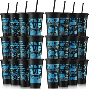 Mifoci 24 Pcs Video Game Plastic Cups with Lids and Straws Reusable Tumbler with Lid and Straw Cute Iced Coffee Travel Cups Mug Water Bottle for Adult Kid Gaming Birthday Party Supplies (Black,Blue)