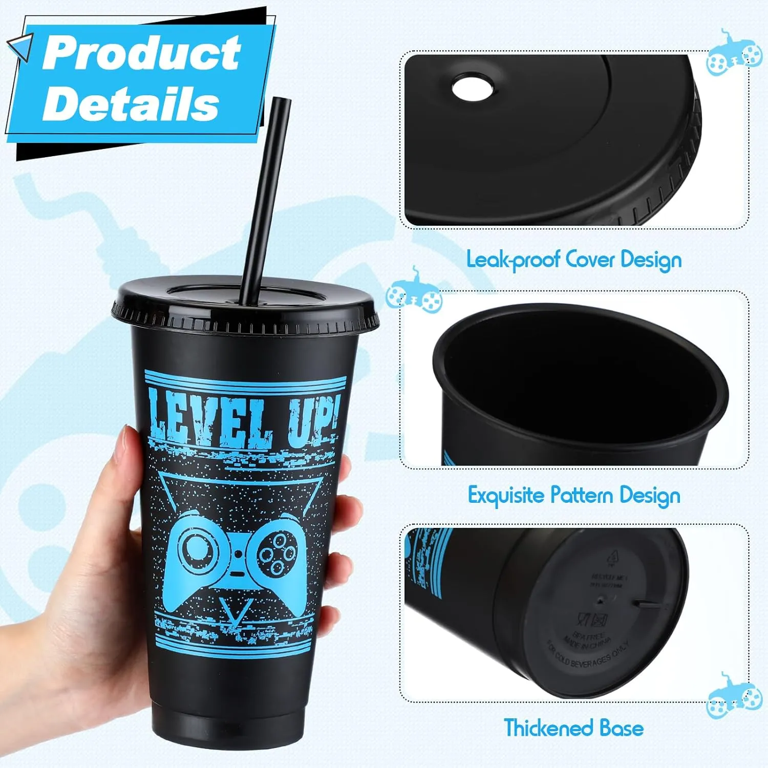 Mifoci 24 Pcs Video Game Plastic Cups with Lids and Straws Reusable Tumbler with Lid and Straw Cute Iced Coffee Travel Cups Mug Water Bottle for Adult Kid Gaming Birthday Party Supplies (Black,Blue)