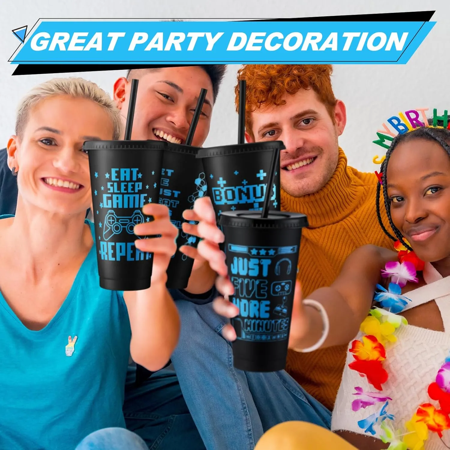Mifoci 24 Pcs Video Game Plastic Cups with Lids and Straws Reusable Tumbler with Lid and Straw Cute Iced Coffee Travel Cups Mug Water Bottle for Adult Kid Gaming Birthday Party Supplies (Black,Blue)