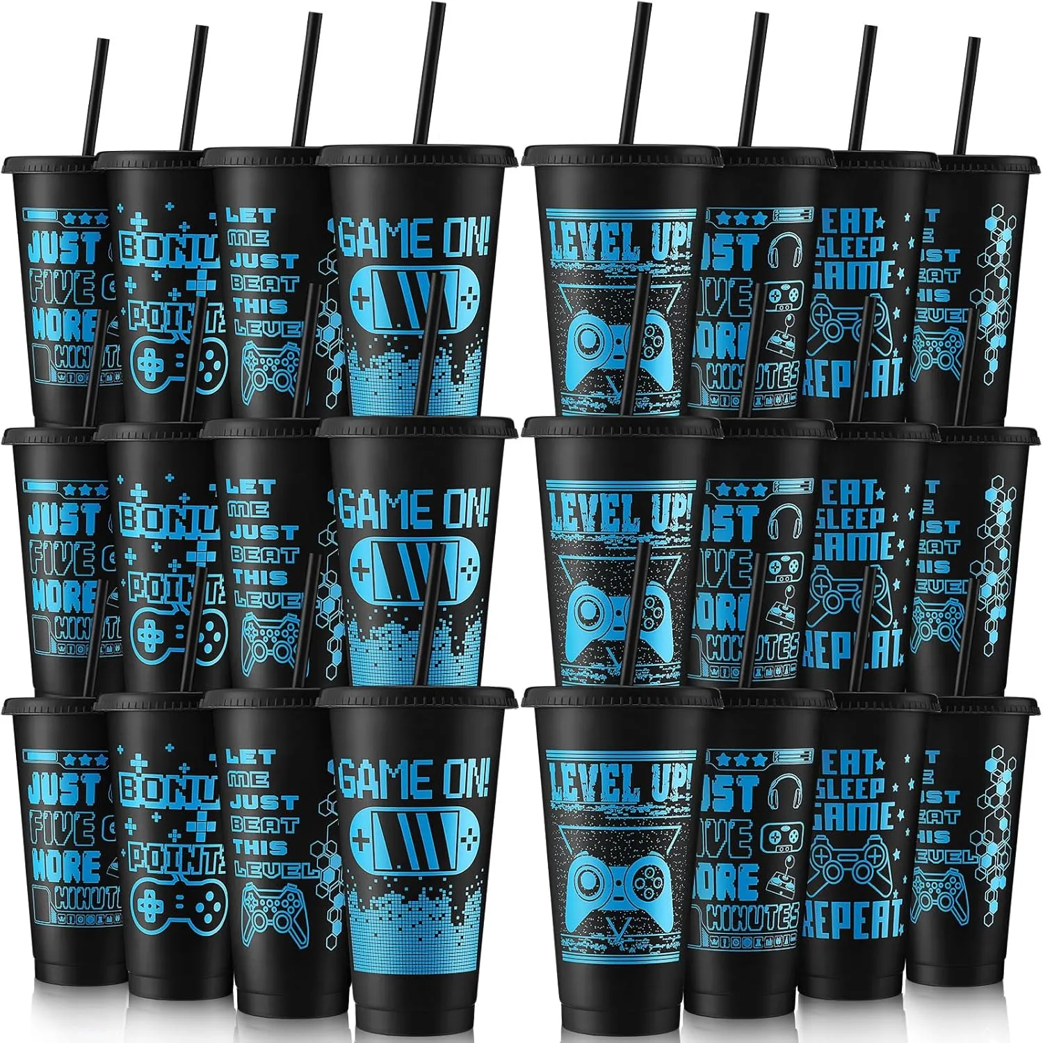 Mifoci 24 Pcs Video Game Plastic Cups with Lids and Straws Reusable Tumbler with Lid and Straw Cute Iced Coffee Travel Cups Mug Water Bottle for Adult Kid Gaming Birthday Party Supplies (Black,Blue)