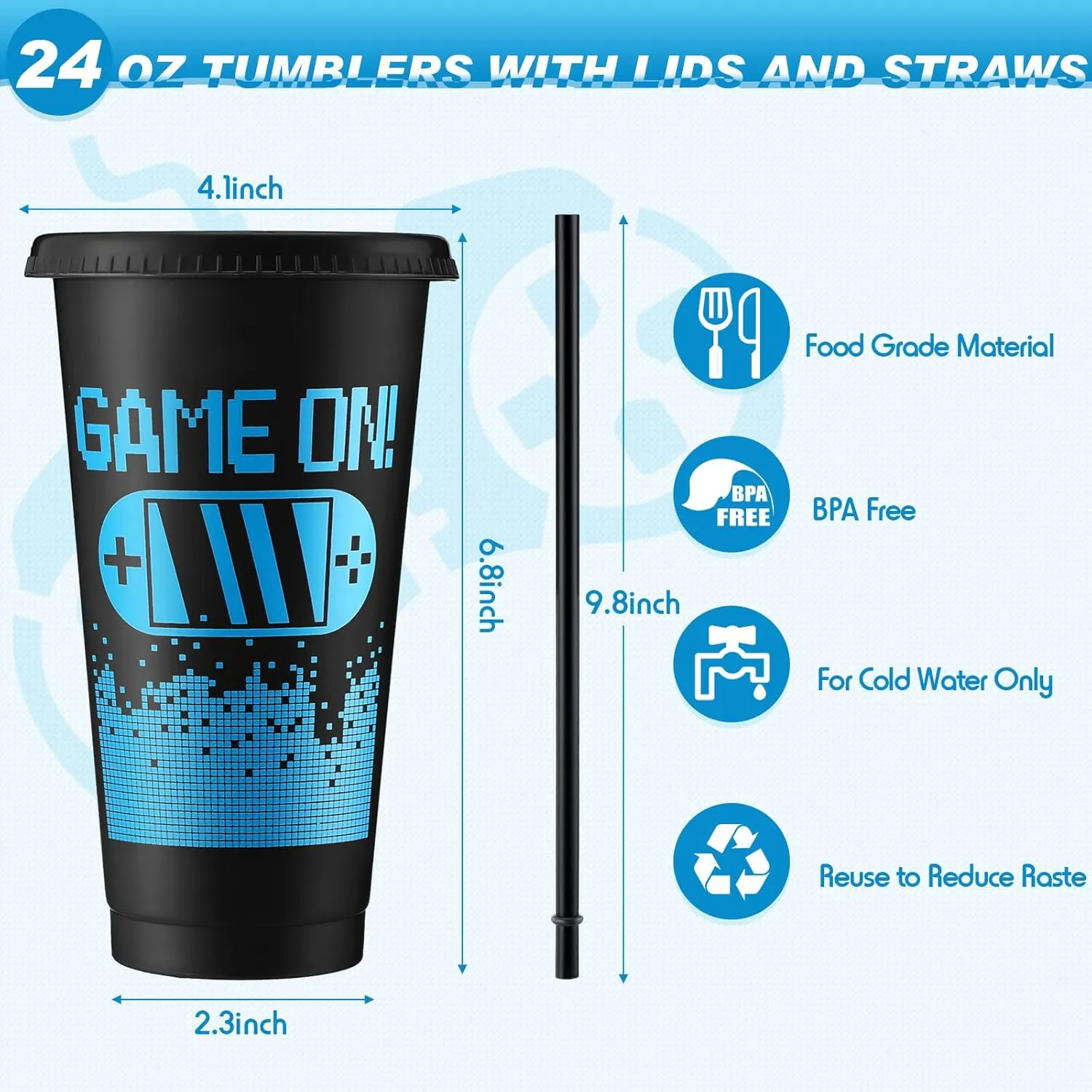 Mifoci 24 Pcs Video Game Plastic Cups with Lids and Straws Reusable Tumbler with Lid and Straw Cute Iced Coffee Travel Cups Mug Water Bottle for Adult Kid Gaming Birthday Party Supplies (Black,Blue)