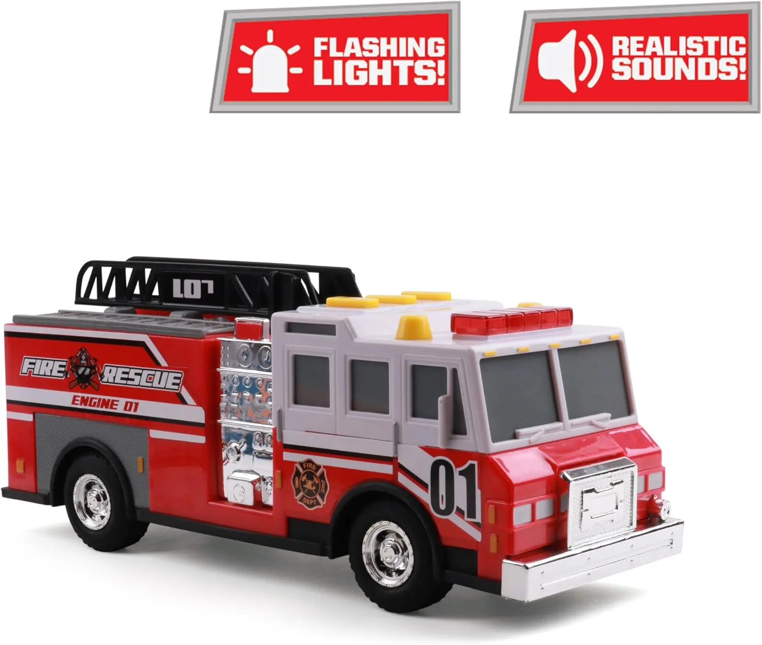 Mighty Fleet Rescue Force 12" Fire Truck Ladder Toy with Realistic Lights & Sounds, Free Wheeling Play & Working Ladder! Ages 3 
