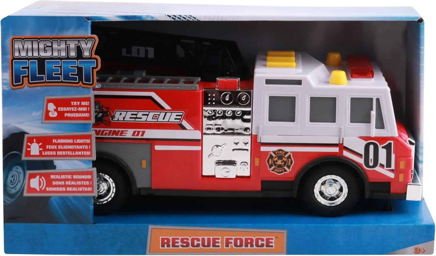 Mighty Fleet Rescue Force 12" Fire Truck Ladder Toy with Realistic Lights & Sounds, Free Wheeling Play & Working Ladder! Ages 3 