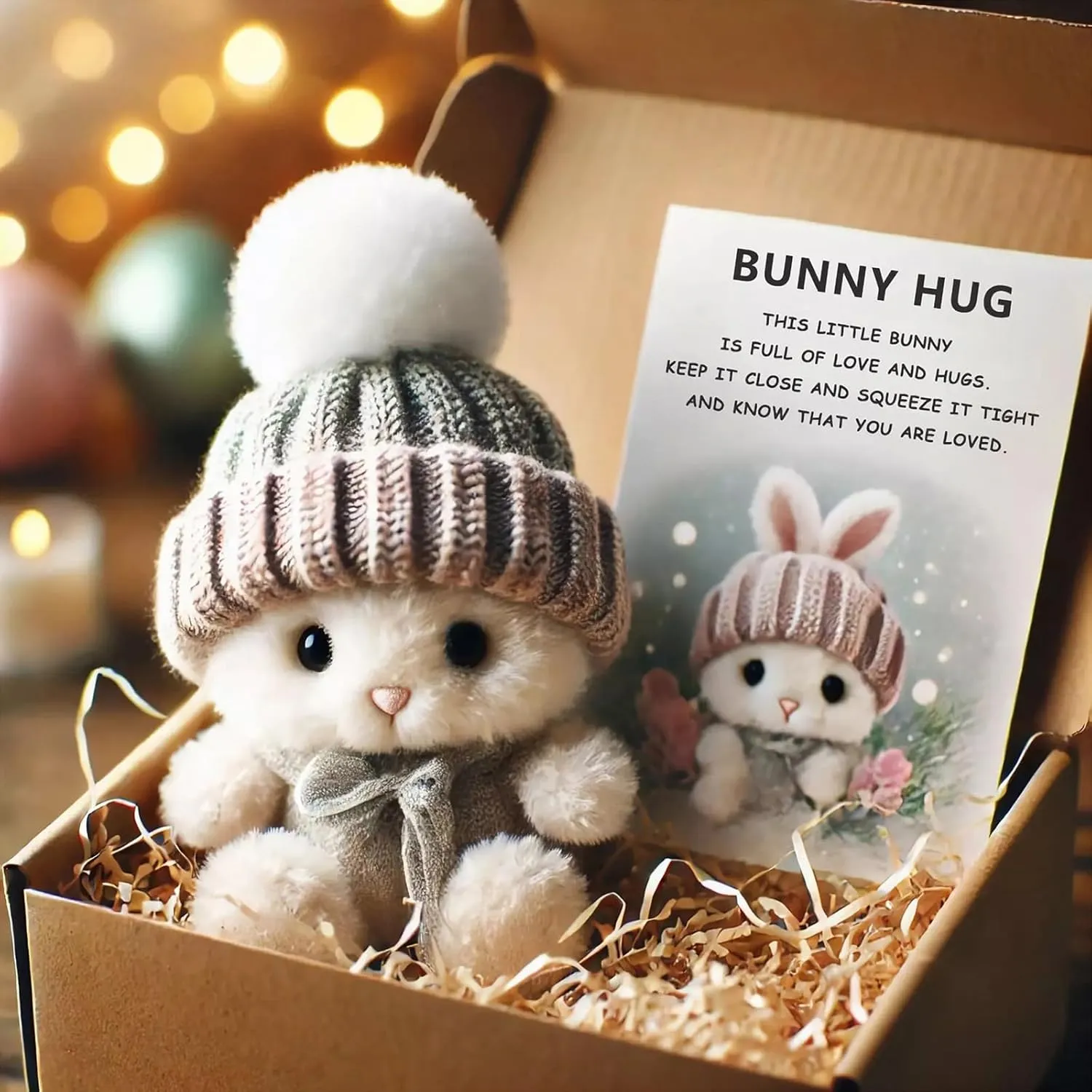 Mini Bunny Hug Cute Easter Gift Easter Bunnies Stuffed Animals Sets Pocket Emotional Support Soft Rabbit with Knitted Hat and Card Handmade Bunny Decorations Boxed for Loved Ones Friends (Style-D)