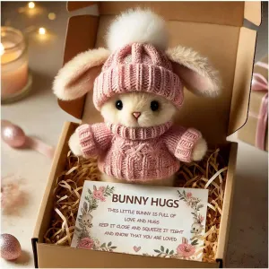 Mini Bunny Hug Cute Easter Gift Easter Bunnies Stuffed Animals Sets Pocket Emotional Support Soft Rabbit with Knitted Hat and Card Handmade Bunny Decorations Boxed for Loved Ones Friends (Style-D)
