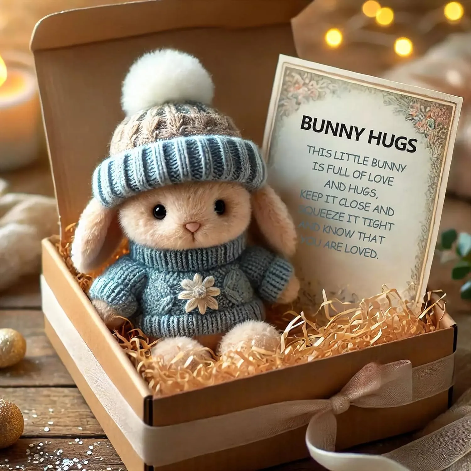 Mini Bunny Hug Cute Easter Gift Easter Bunnies Stuffed Animals Sets Pocket Emotional Support Soft Rabbit with Knitted Hat and Card Handmade Bunny Decorations Boxed for Loved Ones Friends (Style-D)