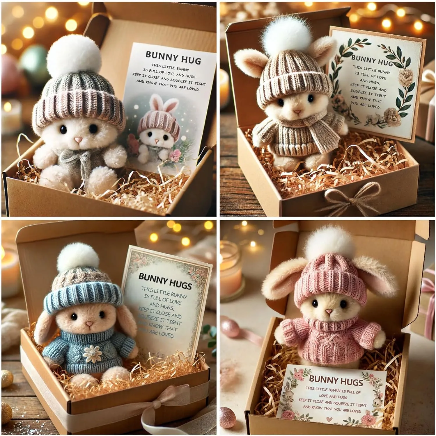 Mini Bunny Hug Cute Easter Gift Easter Bunnies Stuffed Animals Sets Pocket Emotional Support Soft Rabbit with Knitted Hat and Card Handmade Bunny Decorations Boxed for Loved Ones Friends (Style-D)