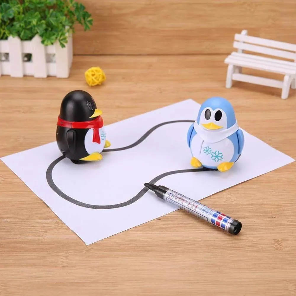 Mini Inductive Robot Toys Track Penguin with LED Lights Interactive Pet Follow The Black Line to Walk Educational Toys Kid's Gifts (Black)