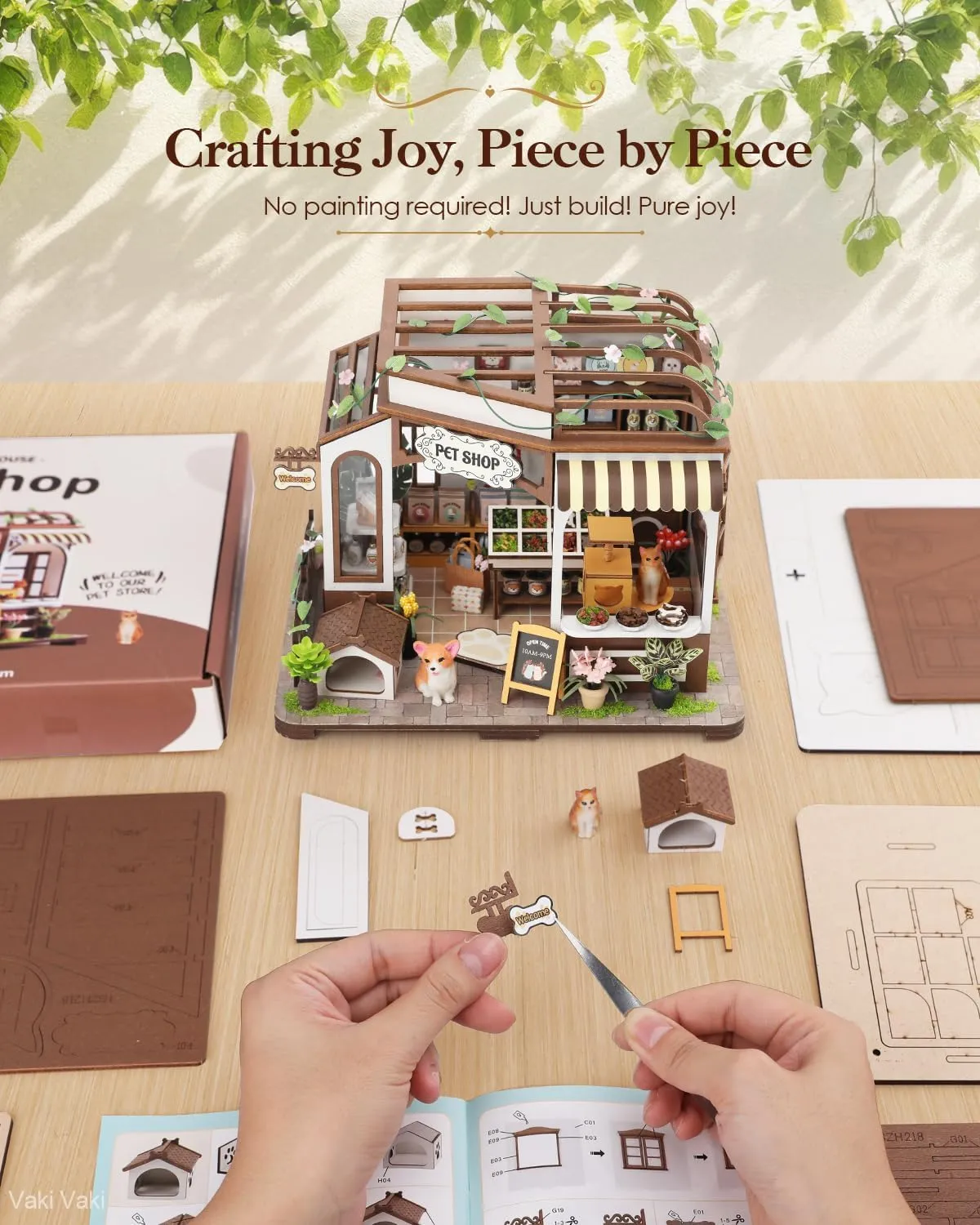 Miniature House Kit with LED Light, Book Nook Kit with Cover for Birthday, 3D Wooden Bookends Puzzle, Bookshelf Decor for Adults, Teens, Beginners (Pet Shop)