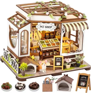 Miniature House Kit with LED Light, Book Nook Kit with Cover for Birthday, 3D Wooden Bookends Puzzle, Bookshelf Decor for Adults, Teens, Beginners (Pet Shop)