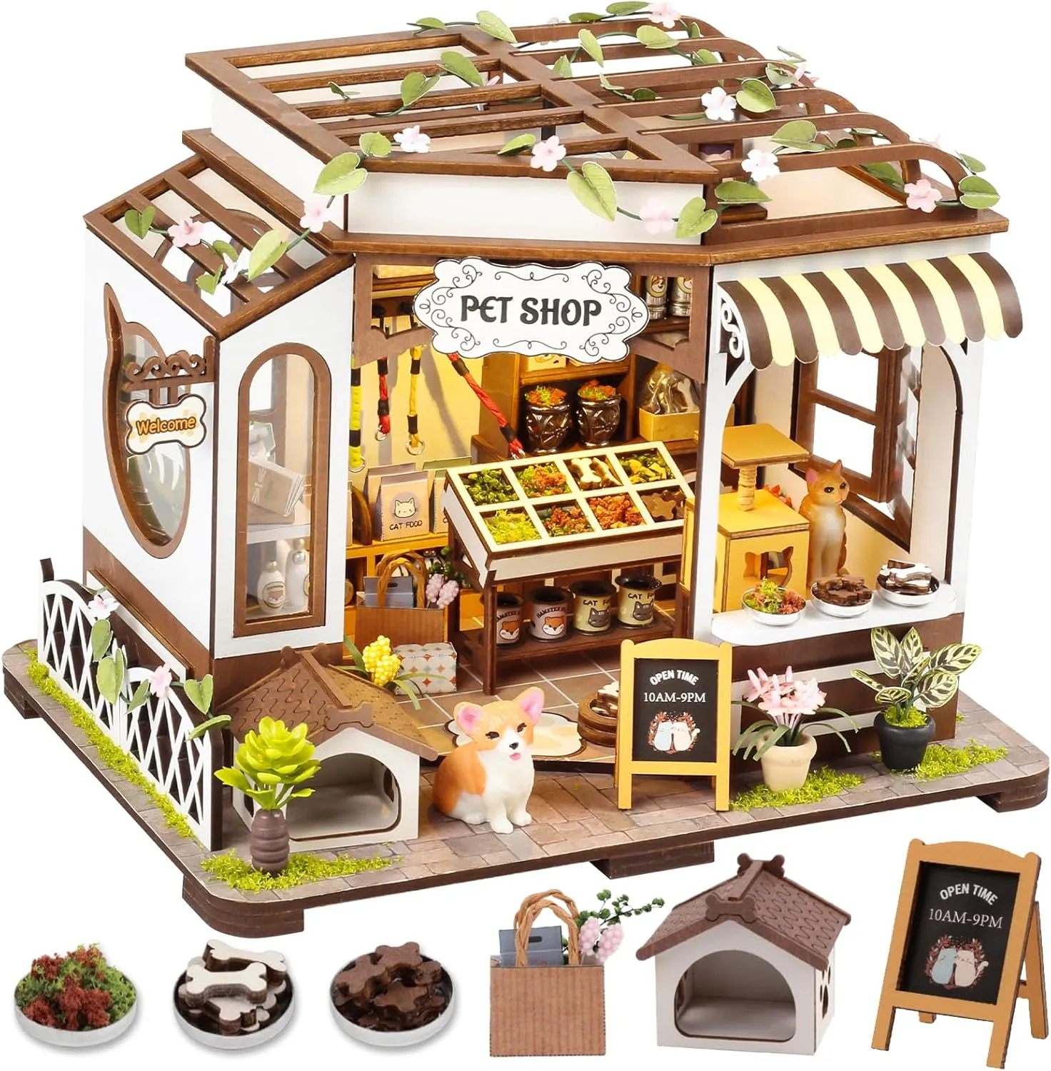 Miniature House Kit with LED Light, Book Nook Kit with Cover for Birthday, 3D Wooden Bookends Puzzle, Bookshelf Decor for Adults, Teens, Beginners (Pet Shop)