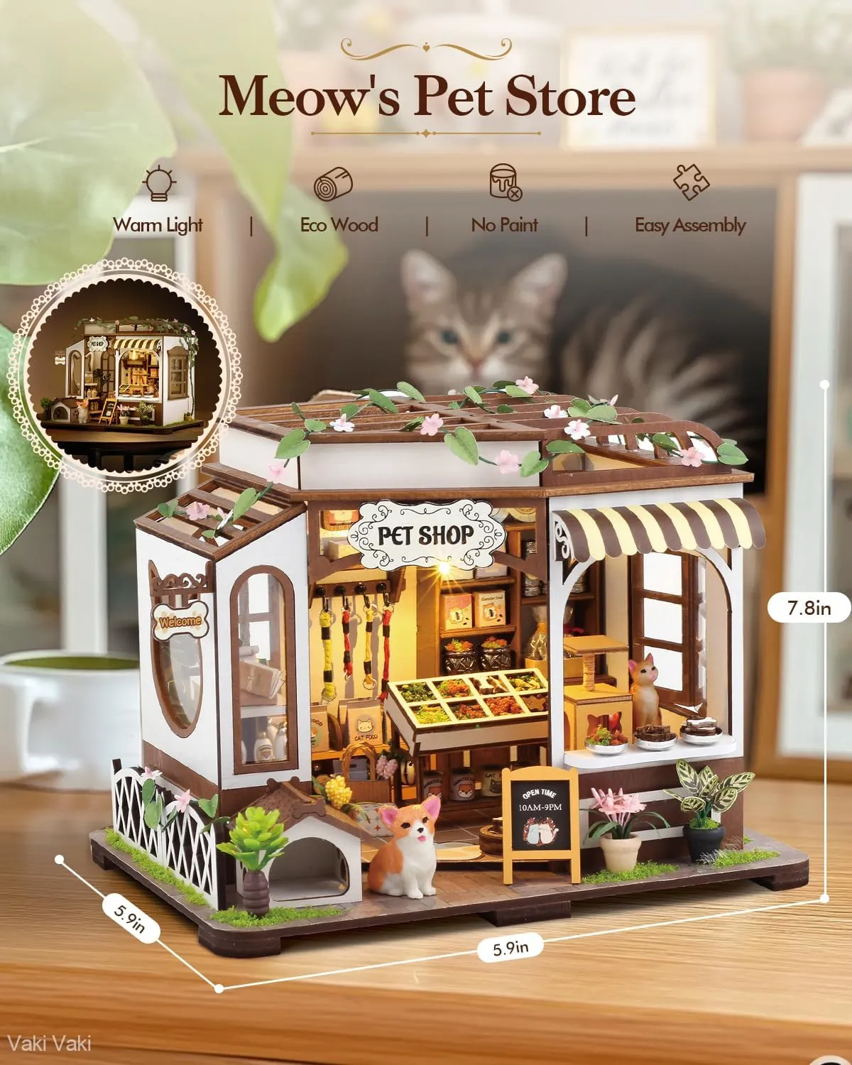 Miniature House Kit with LED Light, Book Nook Kit with Cover for Birthday, 3D Wooden Bookends Puzzle, Bookshelf Decor for Adults, Teens, Beginners (Pet Shop)