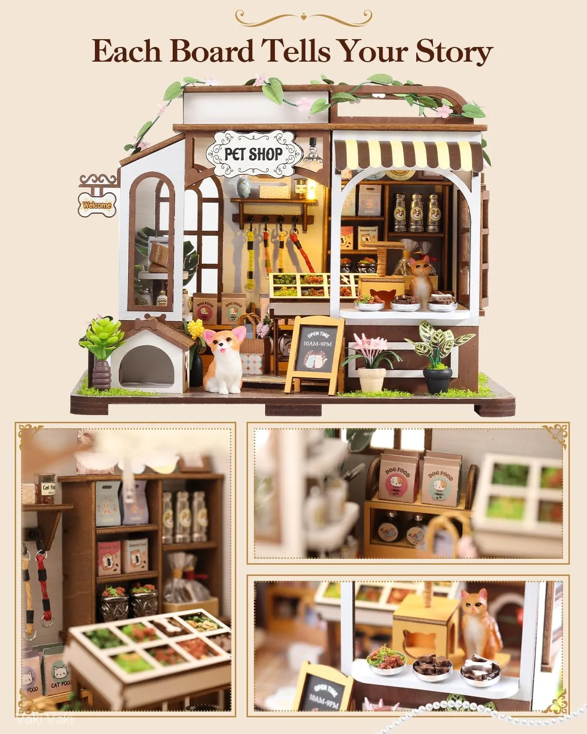 Miniature House Kit with LED Light, Book Nook Kit with Cover for Birthday, 3D Wooden Bookends Puzzle, Bookshelf Decor for Adults, Teens, Beginners (Pet Shop)