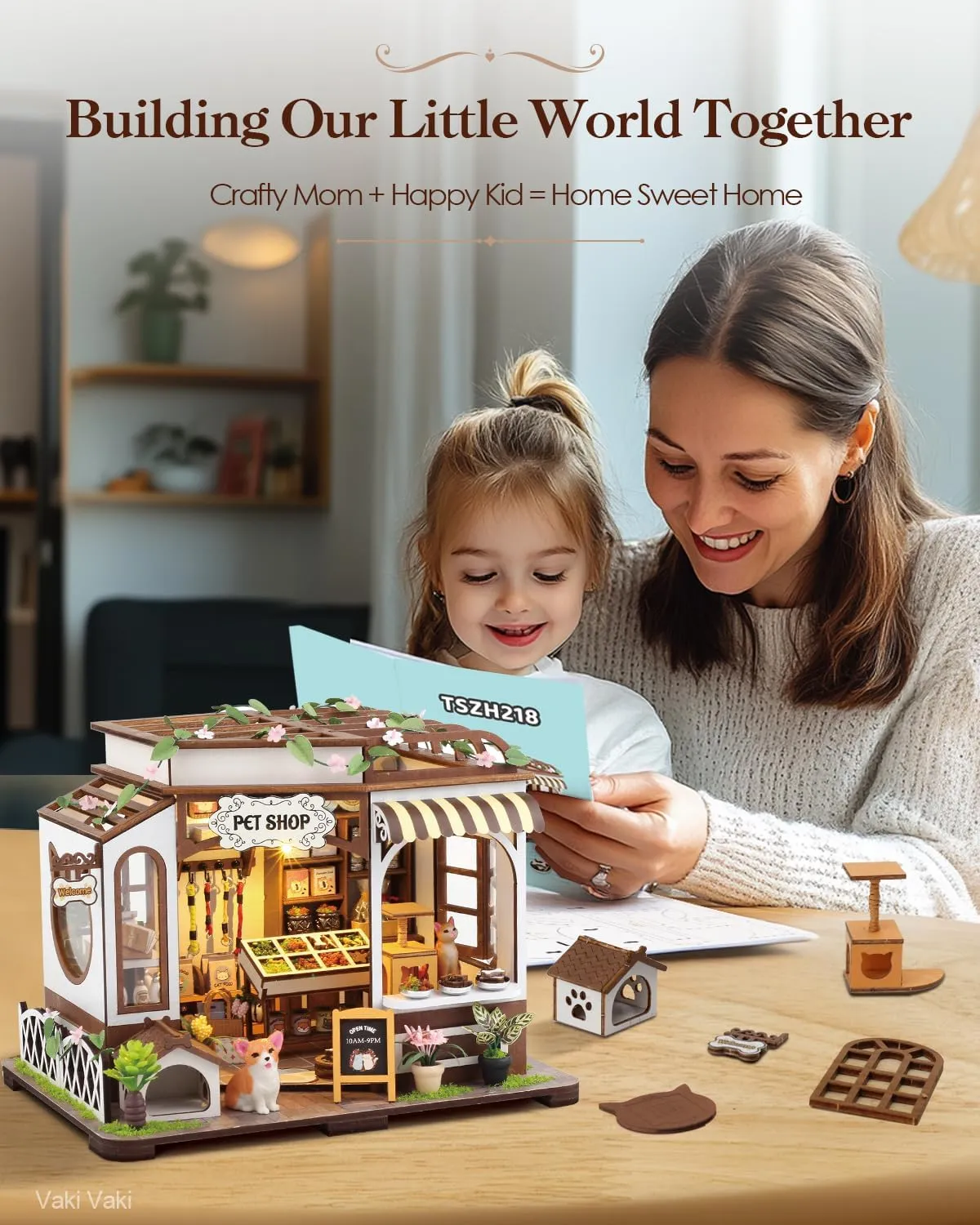 Miniature House Kit with LED Light, Book Nook Kit with Cover for Birthday, 3D Wooden Bookends Puzzle, Bookshelf Decor for Adults, Teens, Beginners (Pet Shop)