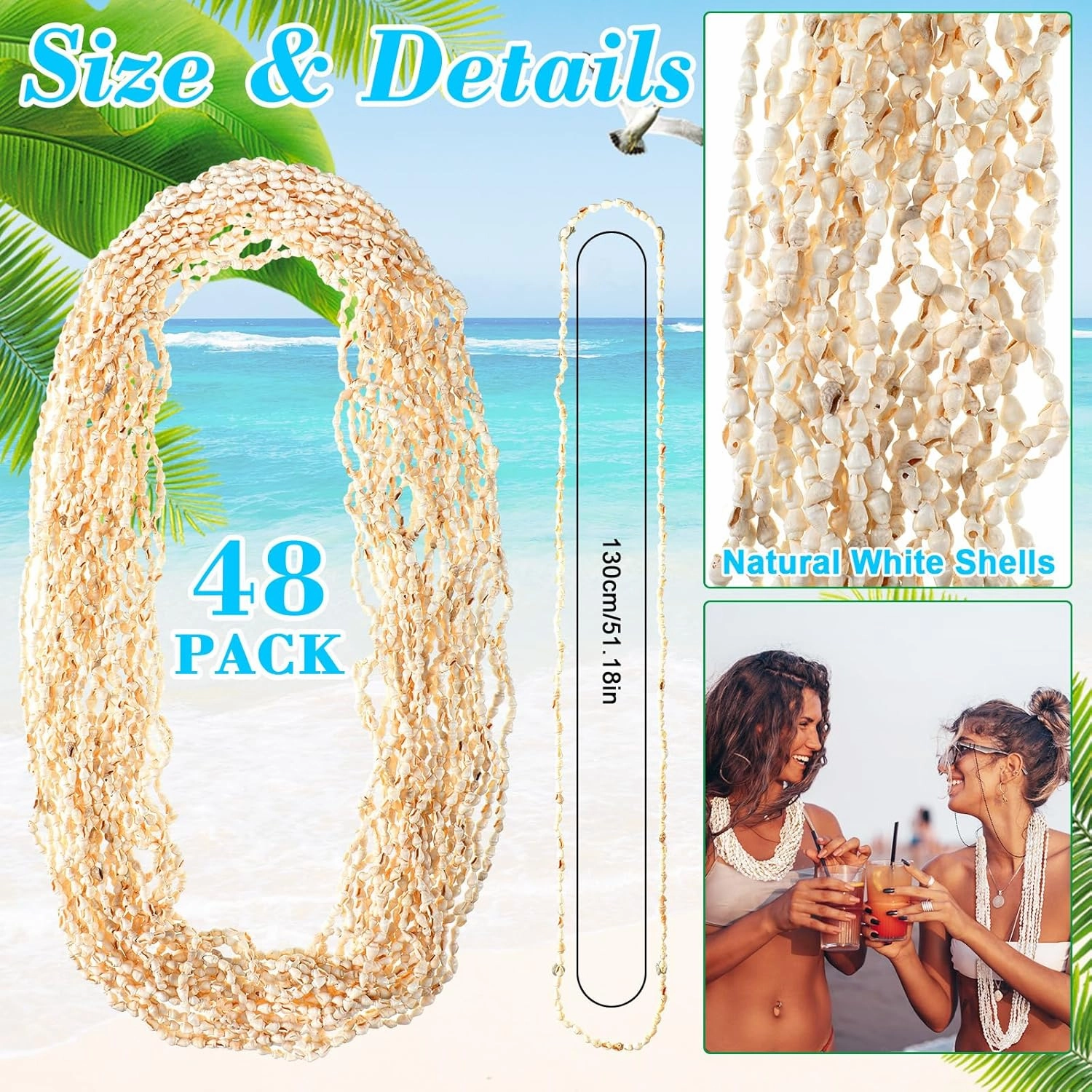 Misdary Hawaiian Shell Leis Bulk Seashell Leis Luau Tahitian Dove White Shell Necklace Natural Long Cowrie Seashell Necklace Summer Beach Party Apparel Jewelry Accessories for Women Men