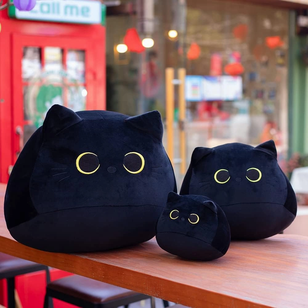 Mochi Cat Plush: 12” Soft Cute Cat, Plush Stuffed Animal Kawaii Cushion for Home Decor, Birthdays, Valentine's Day, Accessories (Black)