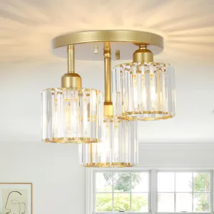 Modern Semi Flush Mount Ceiling Light,3-Light Golden Crystal Close to Ceiling Light Fixtures,Kitchen Light Fixtures with Clear Crystal Shade,Hallway Light Fixtures for Hallway Bedroom Bathroom