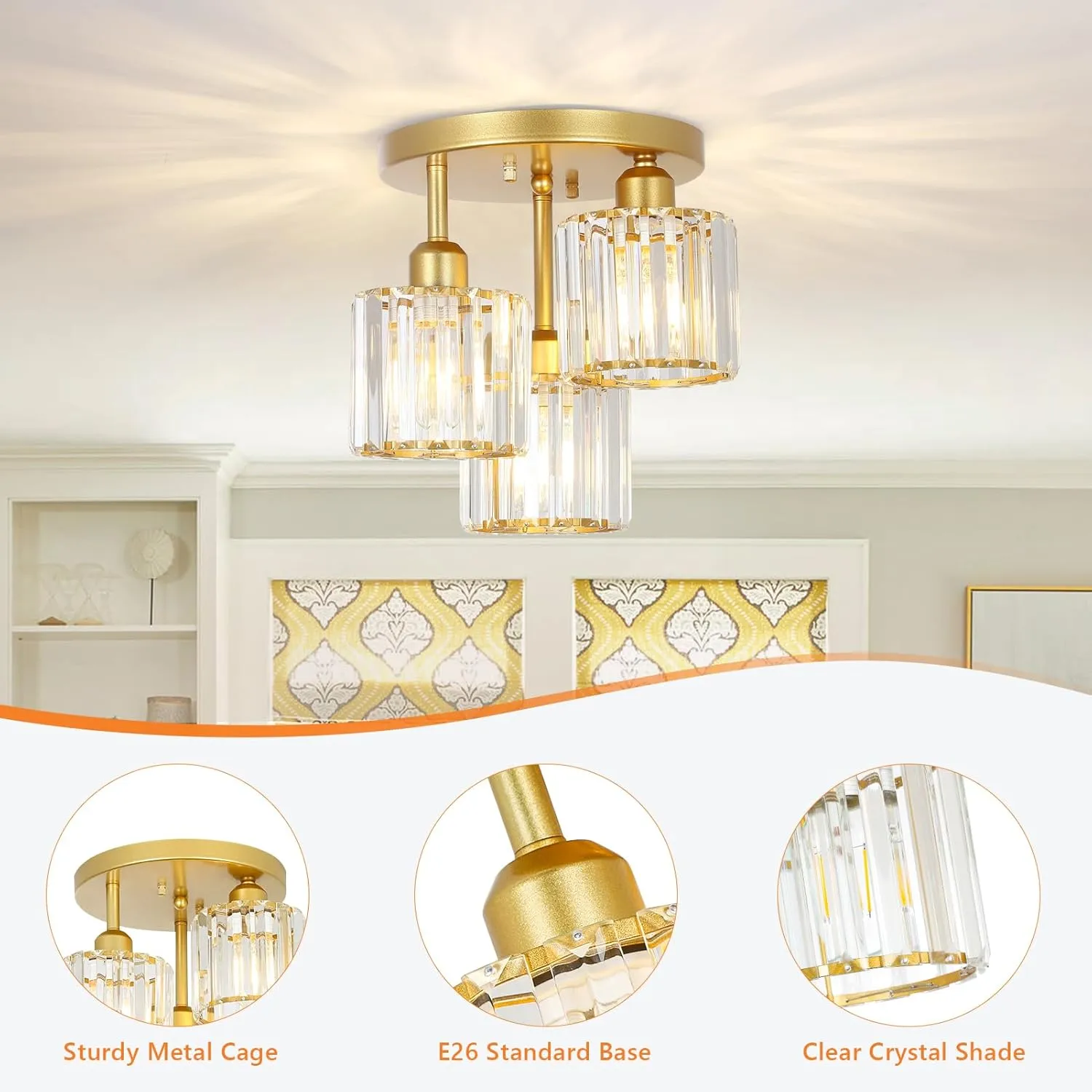 Modern Semi Flush Mount Ceiling Light,3-Light Golden Crystal Close to Ceiling Light Fixtures,Kitchen Light Fixtures with Clear Crystal Shade,Hallway Light Fixtures for Hallway Bedroom Bathroom