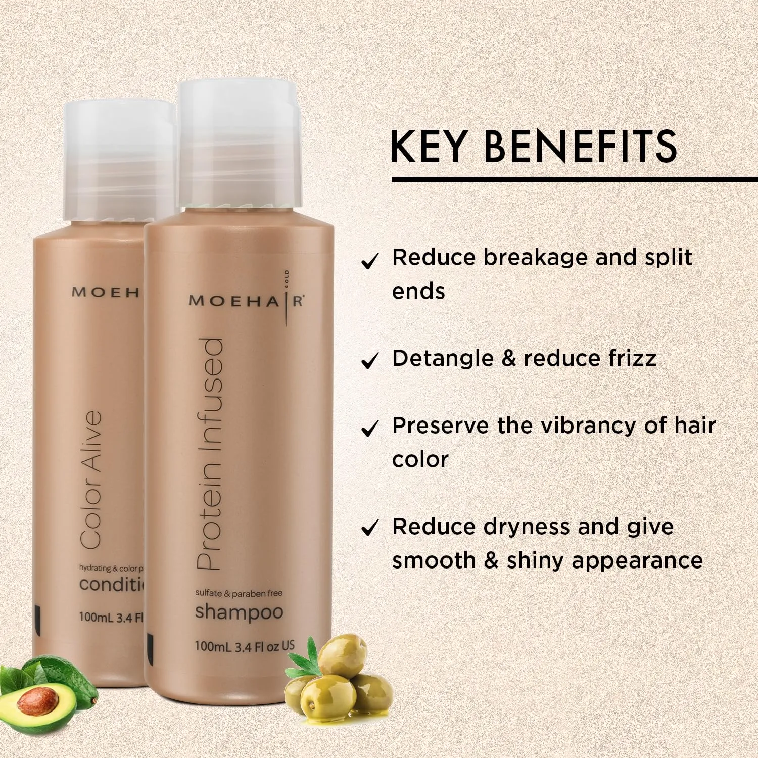 Moehair Travel Size Toiletries (Protein-Infused Shampoo & Color Alive Conditioner) | Travel Shampoo & Conditioner Set | Protects Color | Strengthens Hair | Sulfate & Paraben - Free (3.4 Fl.Oz)