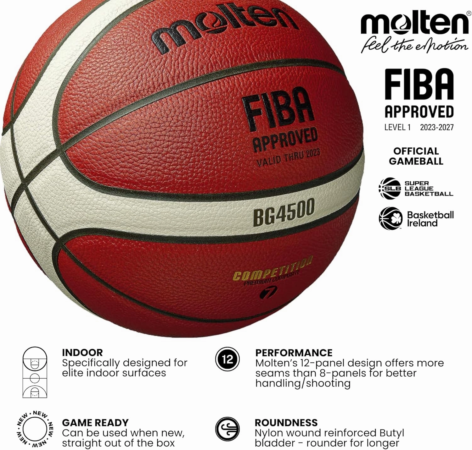 Molten Basketball, FIBA Approved, Adult Size 7, 1 Set, 1 Piece, 28.5 inches, Orange/Cream