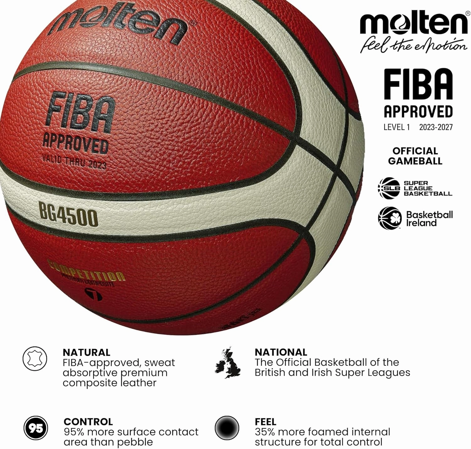 Molten Basketball, FIBA Approved, Adult Size 7, 1 Set, 1 Piece, 28.5 inches, Orange/Cream