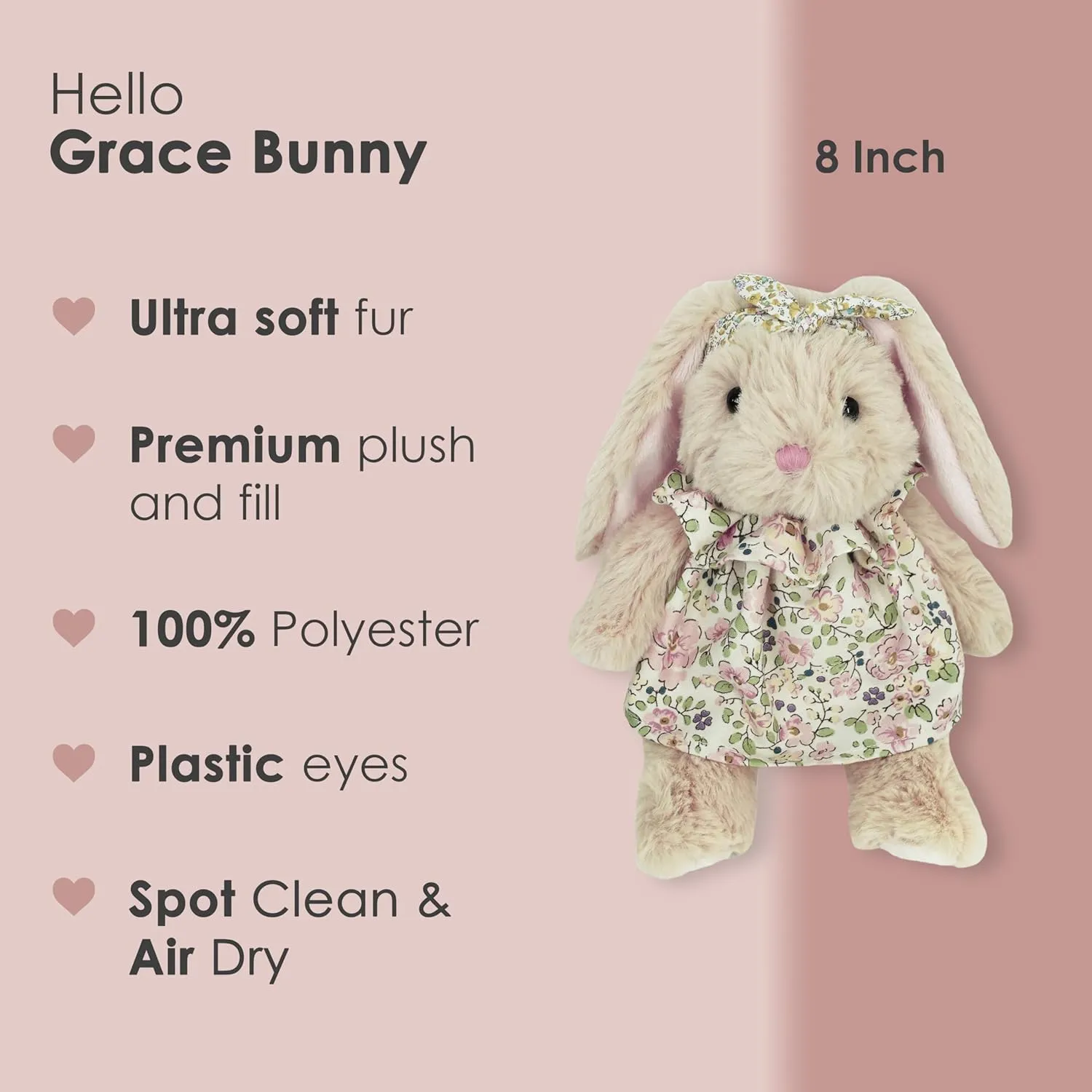MON AMI Grace Bunny Stuffed Animal - 8", Dressed Bunny Toy, Soft & Cuddly Huggable Rabbit Plush Toy, Nursery Décor for Kids of All Ages