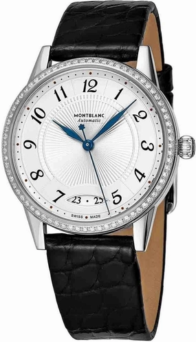 MONTBLANC Boheme Womens Automatic Diamond Watch - 34mm Silver Face with Second Hand, Date and Sapophire Crystal - Stainless Steel Black Leather Band Swiss Made Ladies Luxury Watch 114734