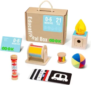 Montessori Toys for Babies 0-6 Months, 6 in 1 Learning Educational Kit Including Rain Stick, Tissue Box, Spinning Drum, Baby Roller and Trainning Ball