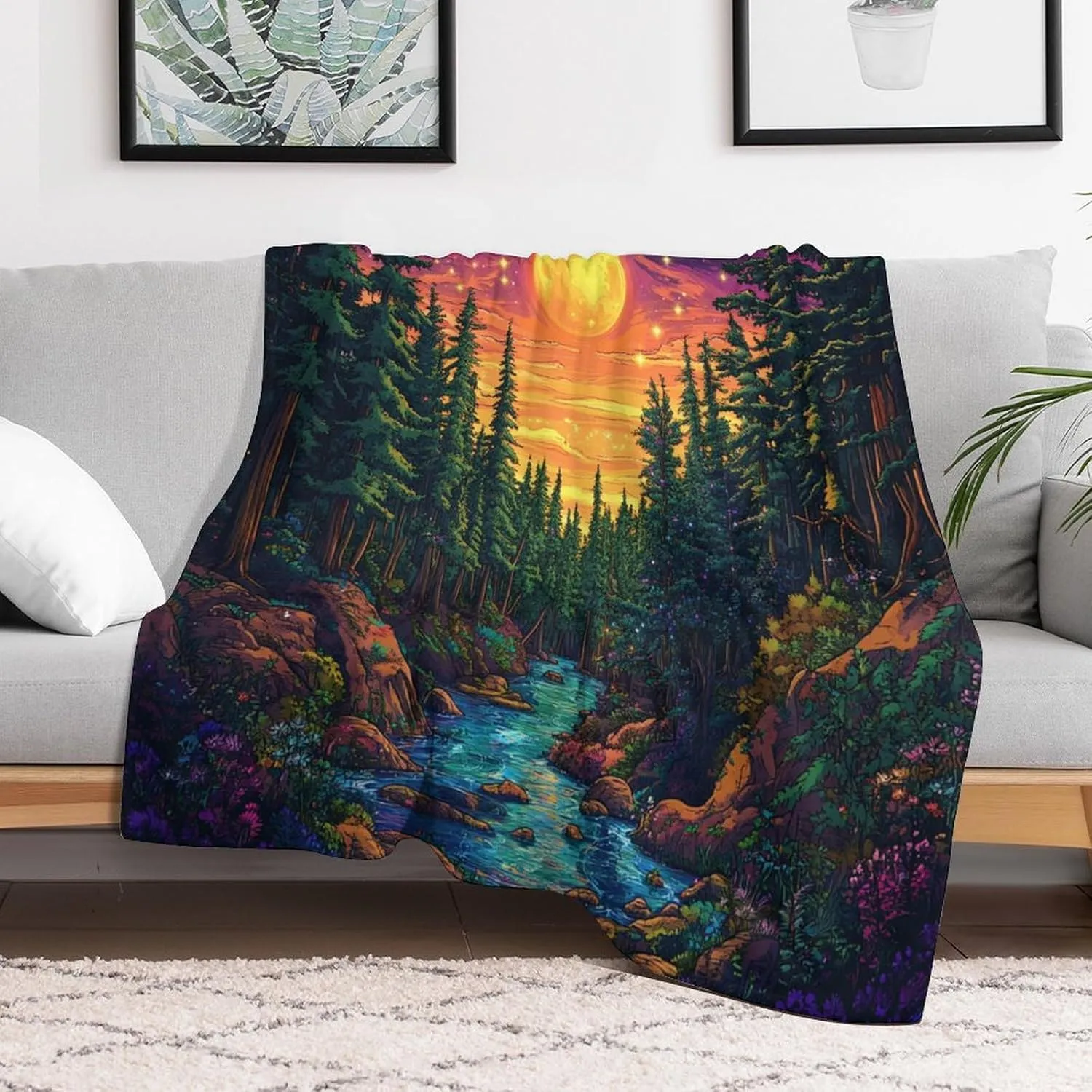 Moon Starry Woodland Throw Blanket, Soft Cozy Warm Pine Tree Stream Jungle Flannel Blankets for Sofa Couch Bed, 50x60 Inch
