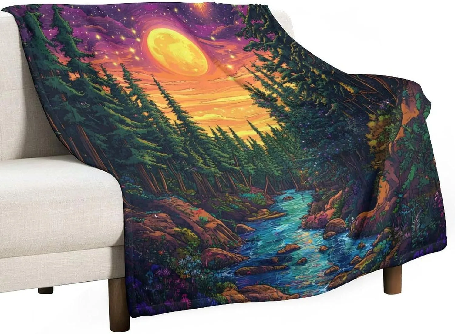 Moon Starry Woodland Throw Blanket, Soft Cozy Warm Pine Tree Stream Jungle Flannel Blankets for Sofa Couch Bed, 50x60 Inch