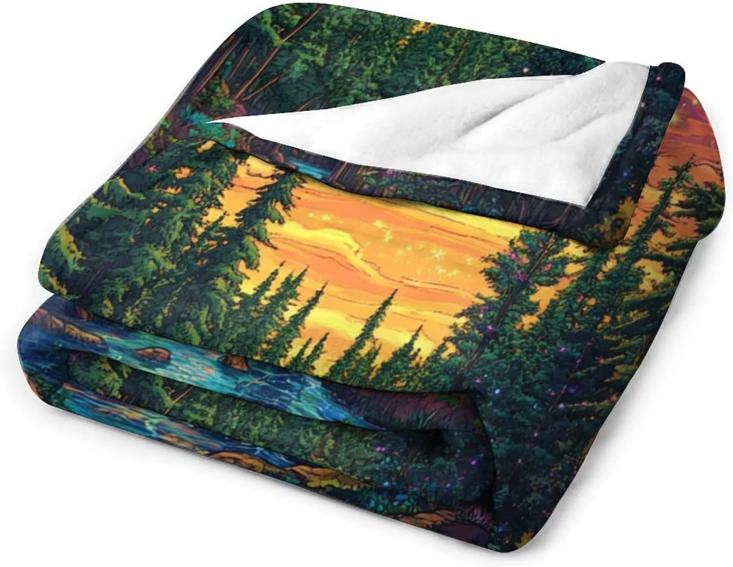 Moon Starry Woodland Throw Blanket, Soft Cozy Warm Pine Tree Stream Jungle Flannel Blankets for Sofa Couch Bed, 50x60 Inch