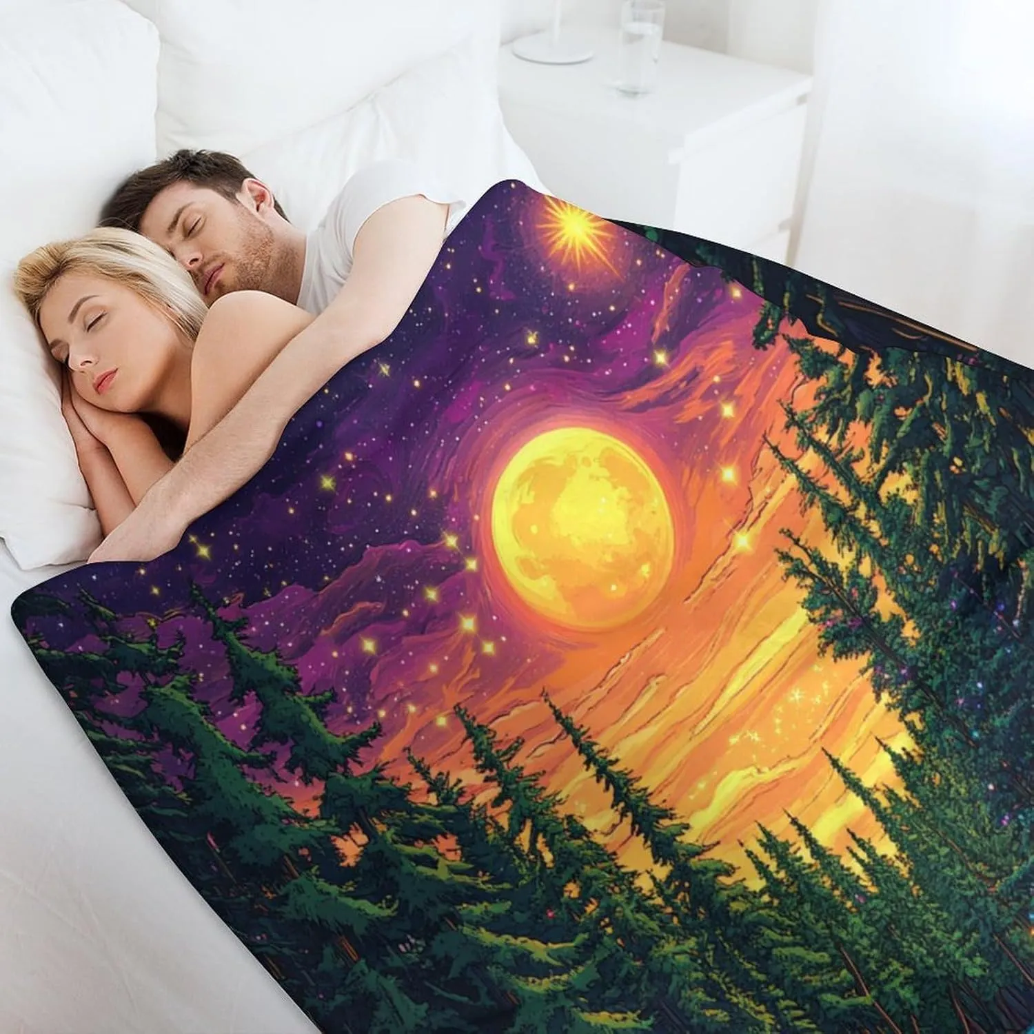 Moon Starry Woodland Throw Blanket, Soft Cozy Warm Pine Tree Stream Jungle Flannel Blankets for Sofa Couch Bed, 50x60 Inch