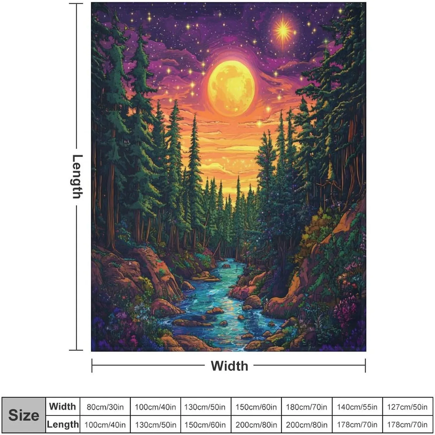 Moon Starry Woodland Throw Blanket, Soft Cozy Warm Pine Tree Stream Jungle Flannel Blankets for Sofa Couch Bed, 50x60 Inch