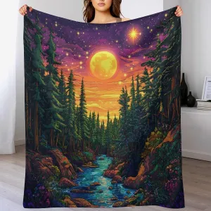 Moon Starry Woodland Throw Blanket, Soft Cozy Warm Pine Tree Stream Jungle Flannel Blankets for Sofa Couch Bed, 50x60 Inch