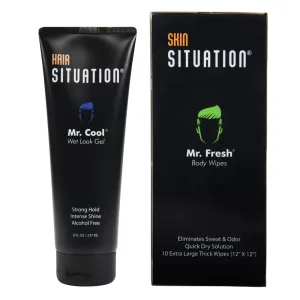 Mr. Cool Wet Look Strong Hold Hair Gel and Mr. Fresh Body Wipe