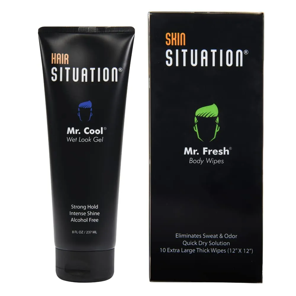 Mr. Cool Wet Look Strong Hold Hair Gel and Mr. Fresh Body Wipe