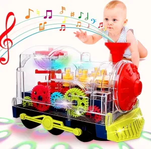 Music Train Toy with LED Light up - Sensory Toys for Kids - Colorful Moving Transparent Gears for Toddlers -Tummy Time Crawling Baby Toy for Boys Girls