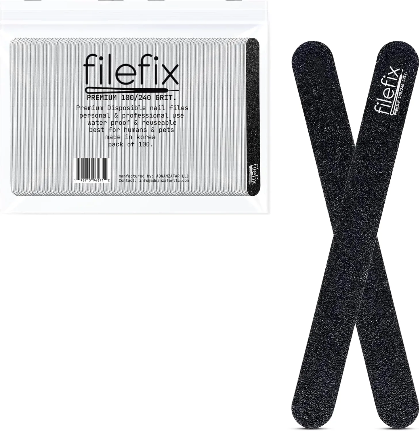 Nail Files 180/240 Grit 100pcs – Professional Emery Boards for Natural & Acrylic Nails, Double Sided Manicure & Pedicure Tools 7 Inches– Coarse Grit for Shaping, Buffing – Limas para Uñas Reusables