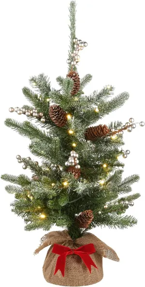 National Tree Company Pre-Lit Artificial Christmas Tree, Green, Snowy Morgan Spruce, White LED Lights, Decorated with Pine Cones, Includes Cloth Bag Base, Battery Operated, 2 Feet